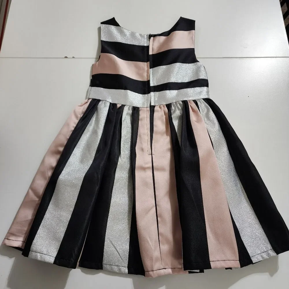 Elegant Metallic Silver Glitter Pink Black Striped Pleated Dress Size 5
